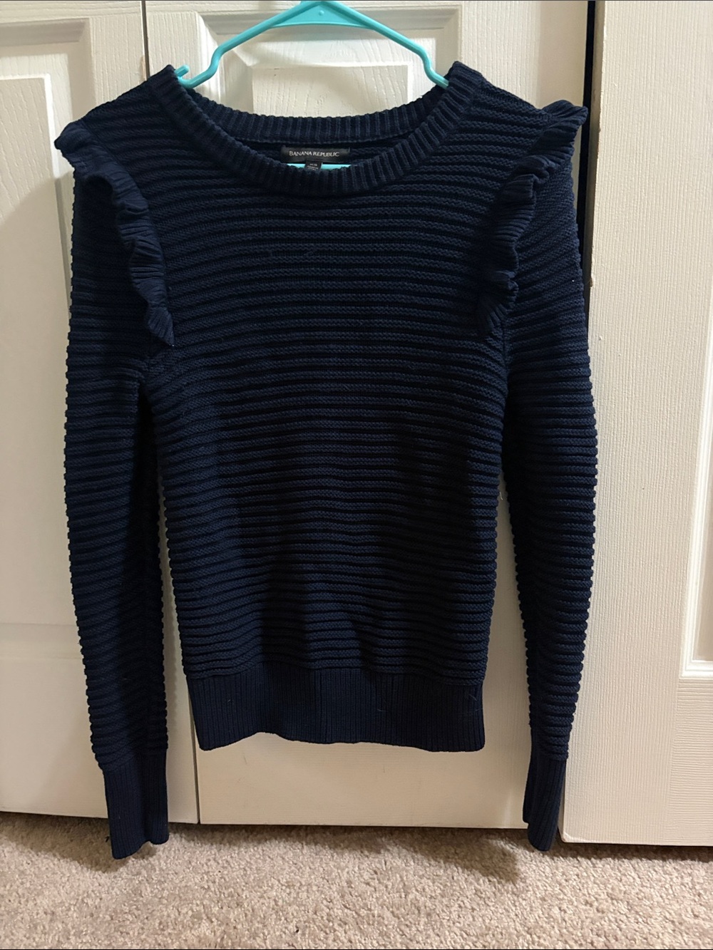 Banana Republic Navy Ribbed Sweater with Shoulder Ruffles